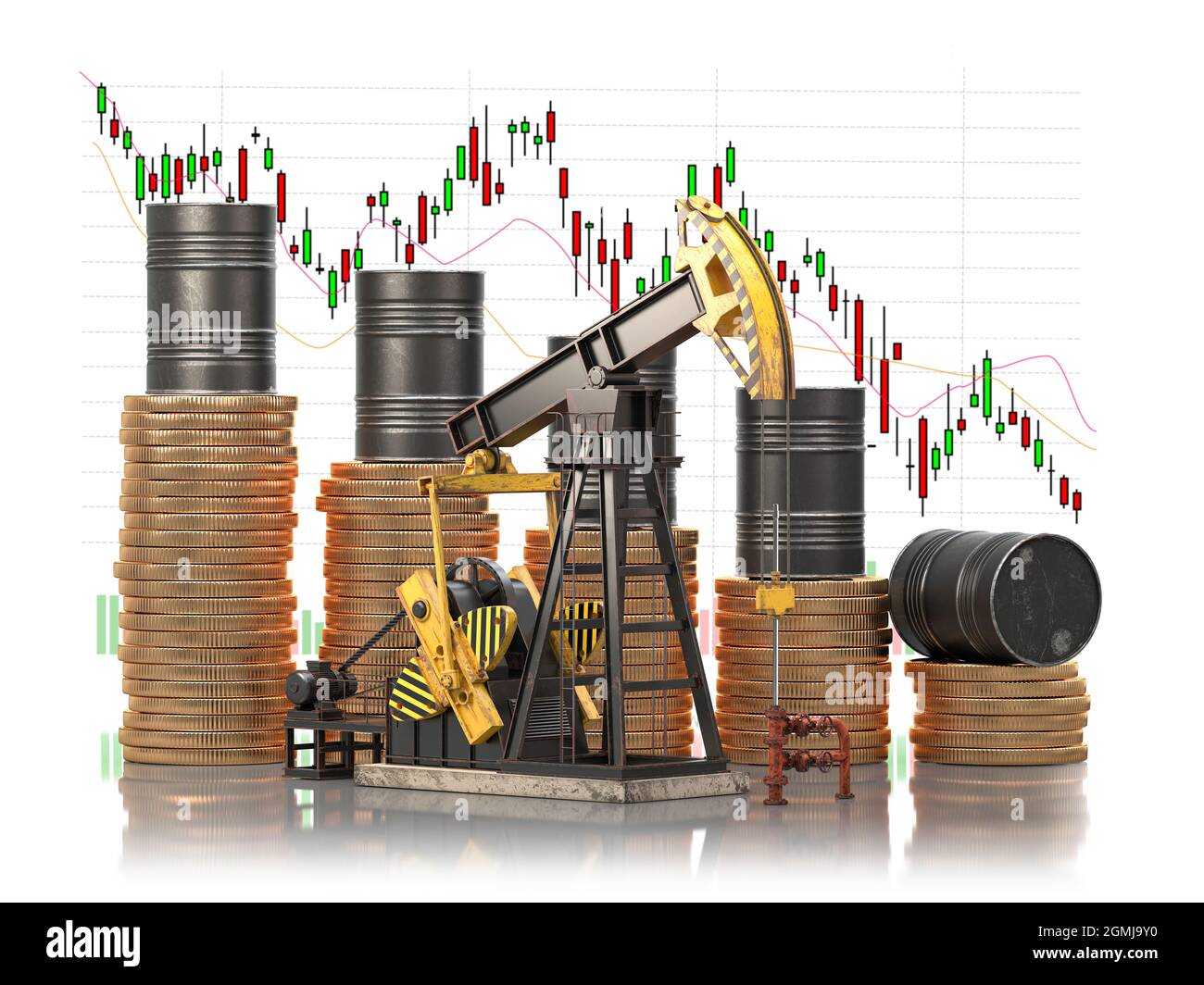 Barili di petrolio su pile di monete d'oro e jack pompa dell'olio con grafico dei prezzi di mercato. Riduzione dei prezzi delle scorte petrolifere e estrazione del concetto di petrolio. illustrazione 3d Foto Stock