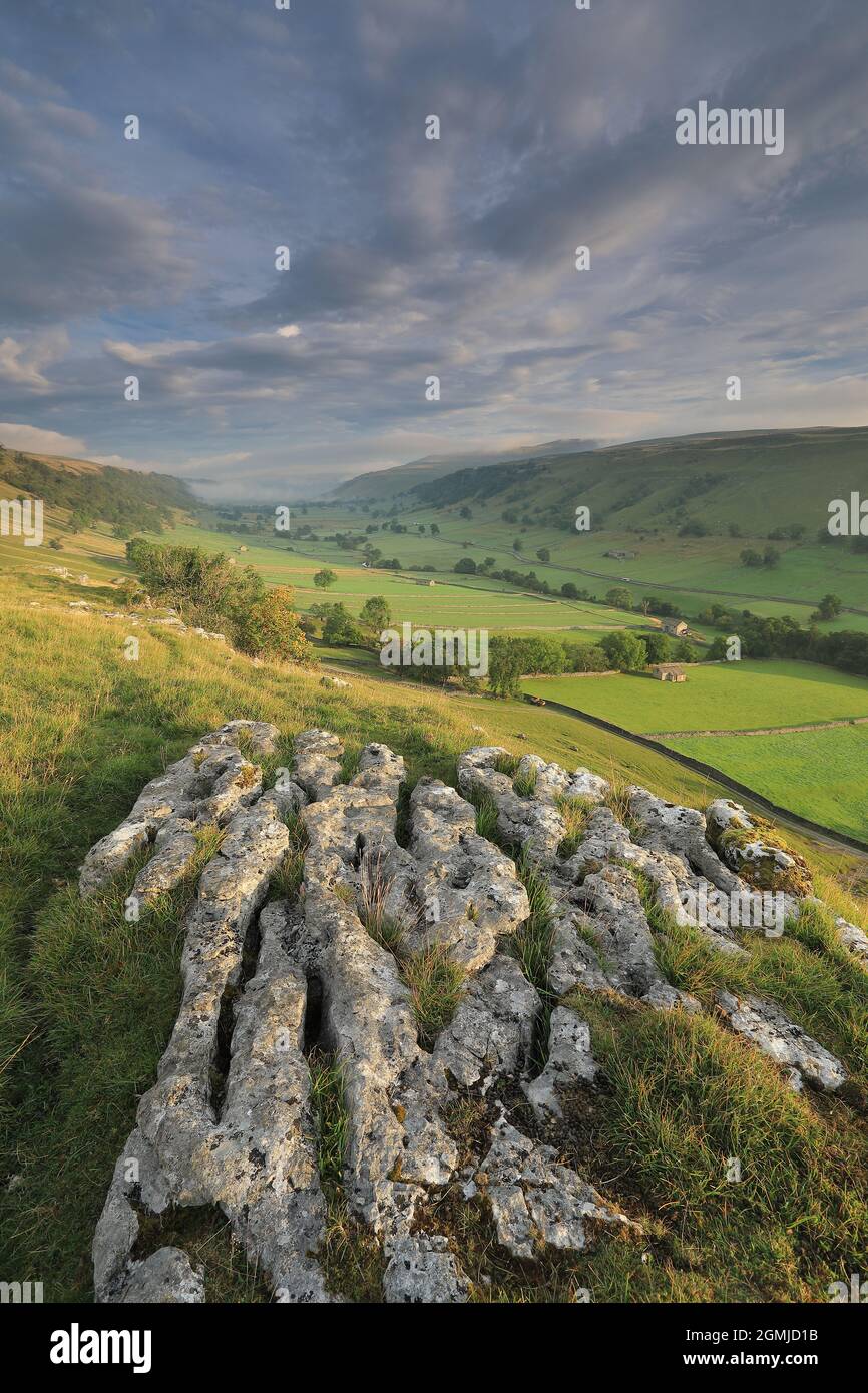 Pavimentazione in pietra calcarea sulle pendici sopra Kettlewell in Upper-Wharfedale, Yorkshire Dales National Park Foto Stock