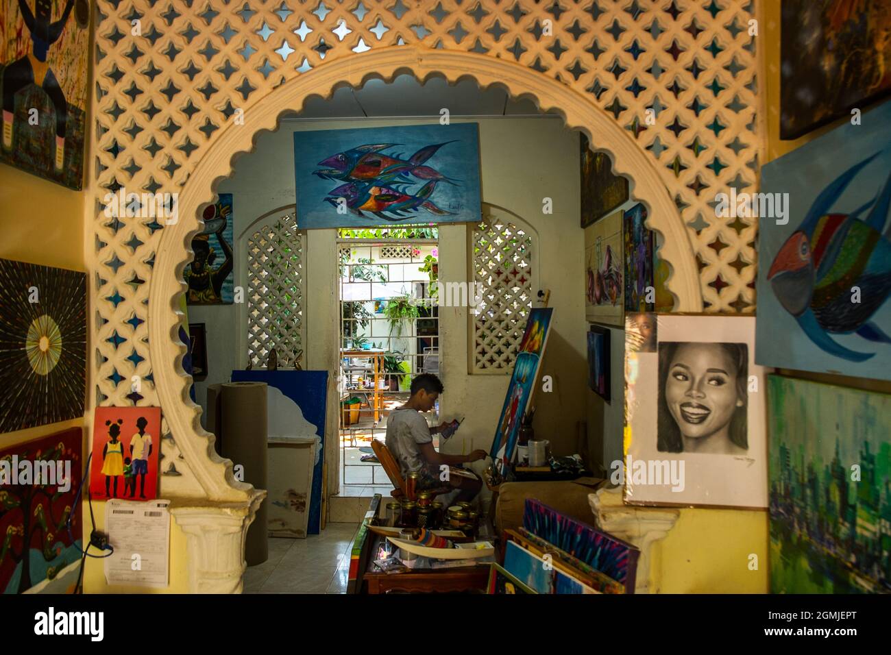 Galleria d'arte nel quartiere Barrio Getsemaní di Cartagena, Colombia Foto Stock