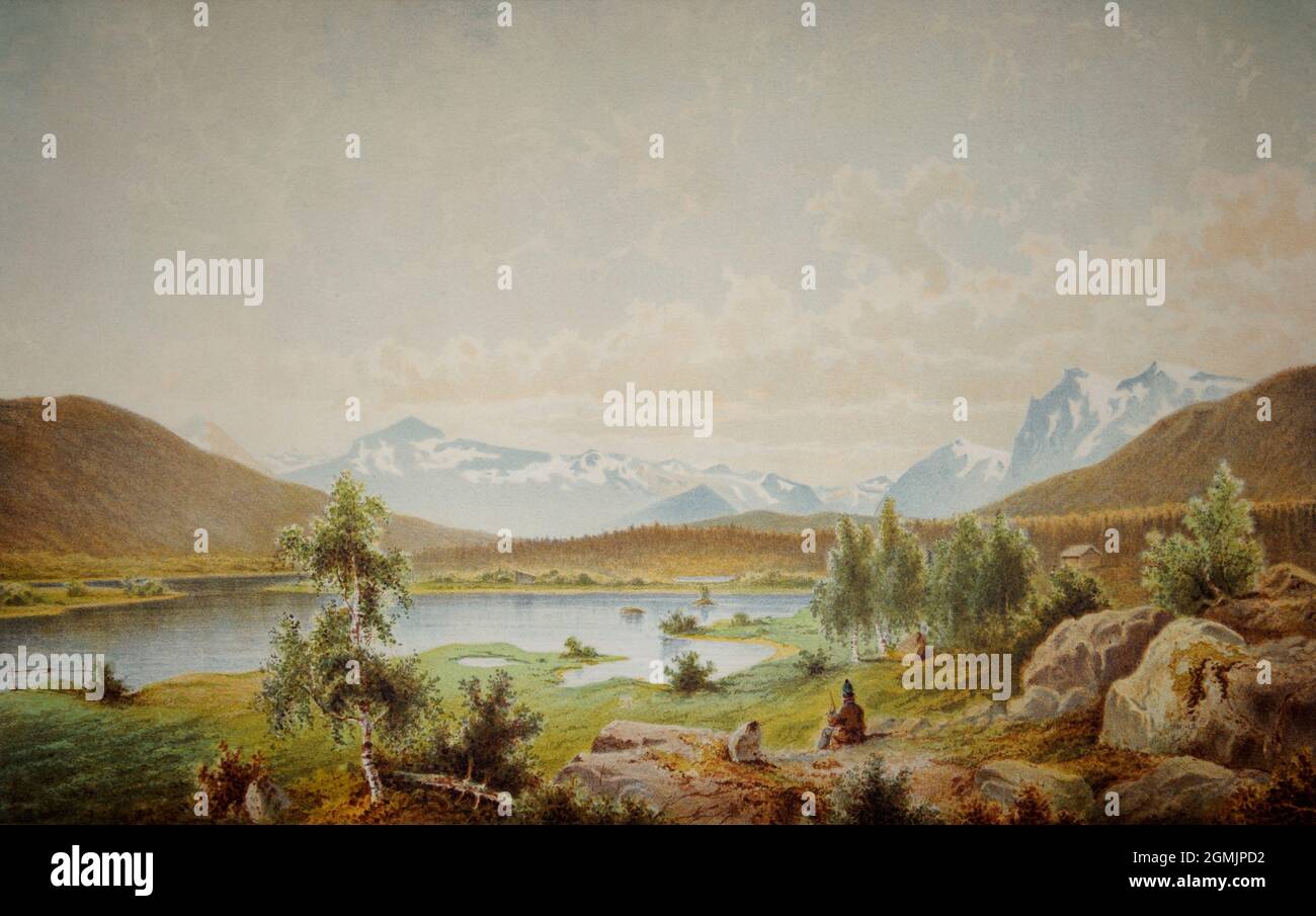 Una vista estiva dell'area di Qvikkjokk con un popolo Sami. Un'immagine del 1866. Lapponia, Europa. Una collezione privata. Foto Stock