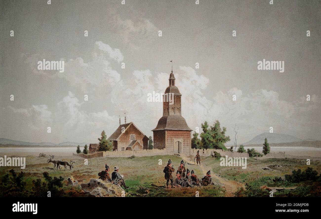 Una vista estiva della chiesa di Jukkasjärvi del popolo Sami. Un'immagine del 1866. Lapponia, Europa. Una collezione privata. Foto Stock