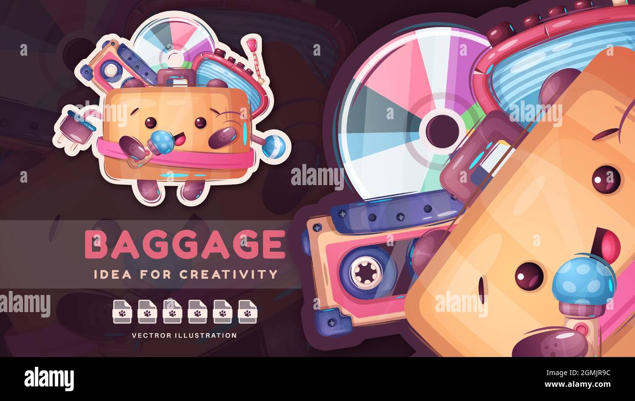 Carino bagaglio con cose diverse. Illustrazione Vettoriale