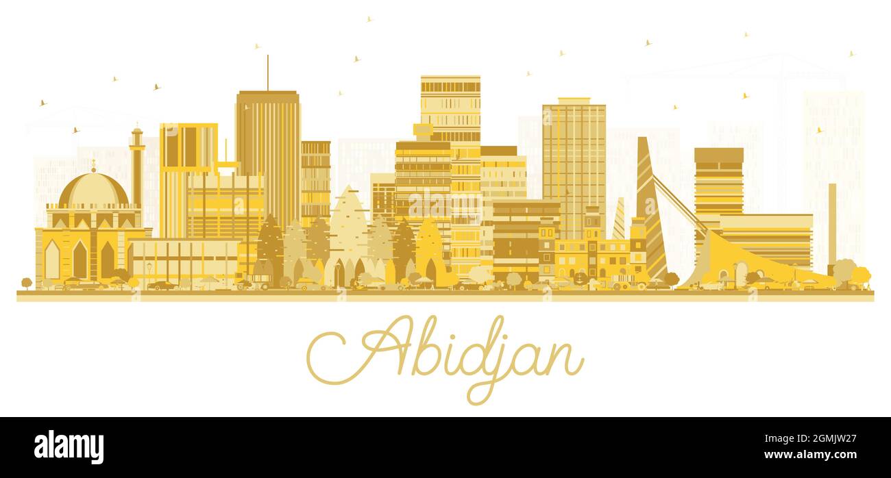 Abidjan Costa d'Avorio City Skyline con edifici dorati isolati su bianco. Illustrazione vettoriale. Concetto di Turismo e Viaggi con architettura moderna. Illustrazione Vettoriale