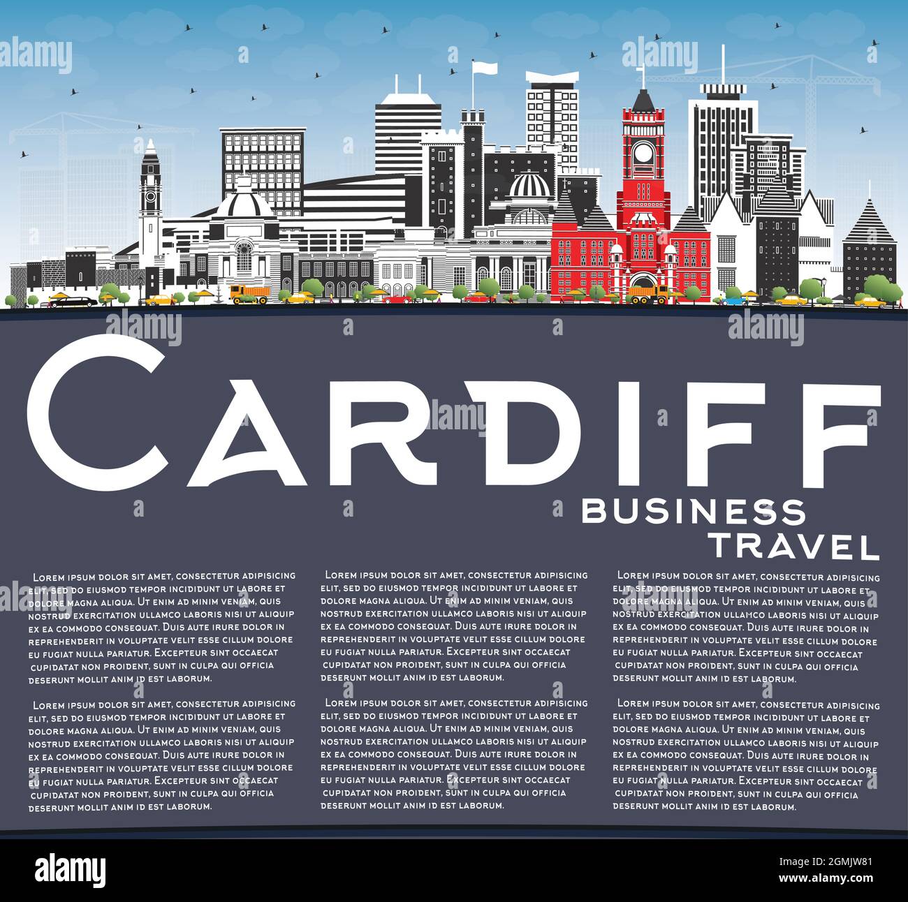 Cardiff Wales City Skyline con edifici a colori, Blue Sky e Copy Space. Illustrazione vettoriale. Cardiff Regno Unito paesaggio urbano con punti di riferimento. Viaggi d'affari. Illustrazione Vettoriale
