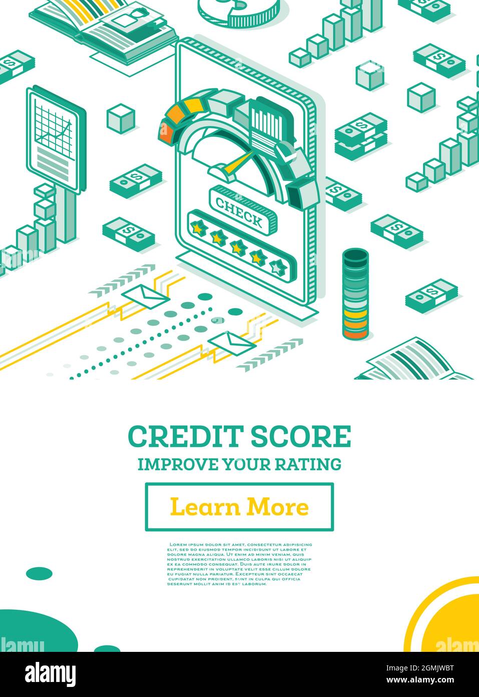 Applicazione mobile isometrica per il controllo del punteggio di credito personale. Illustrazione vettoriale. Scala di valutazione da scarsa a buona tariffa. Affidabilità creditizia o rischio. Illustrazione Vettoriale
