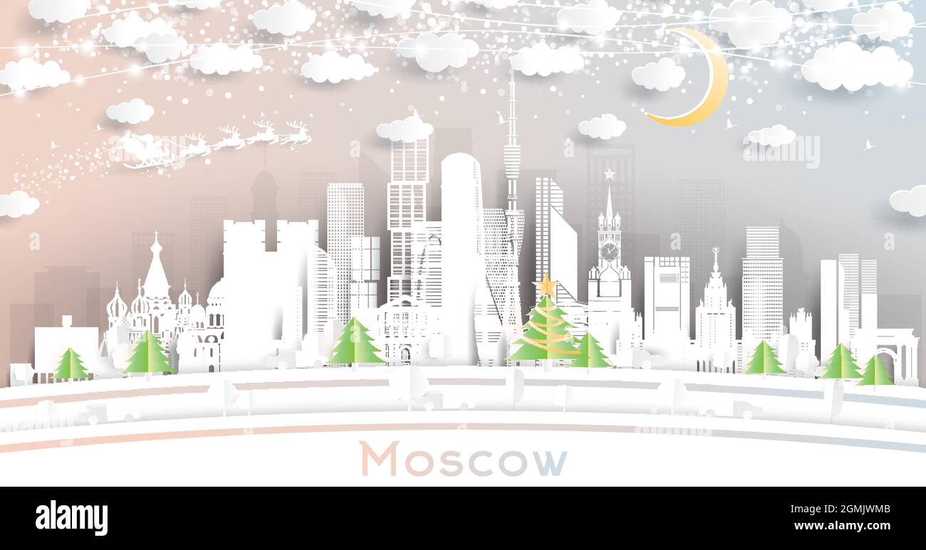 Mosca Russia City Skyline in stile Paper Cut con fiocchi di neve, Luna e Neon Garland. Illustrazione vettoriale. Natale e Capodanno. Babbo Natale Illustrazione Vettoriale
