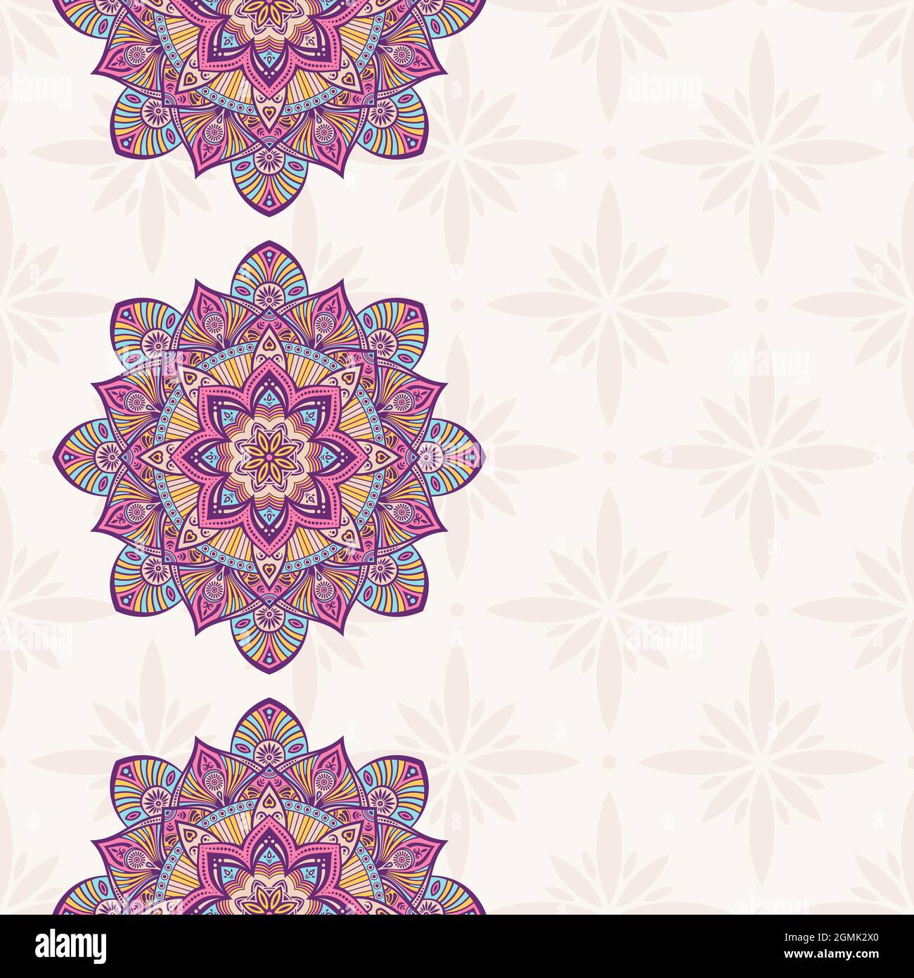 Motivo senza giunture con mandala. Confini in merletto Mehndi. Texture infinita. Spazio per il testo. Sfondo a colori vettoriali. Illustrazione Vettoriale
