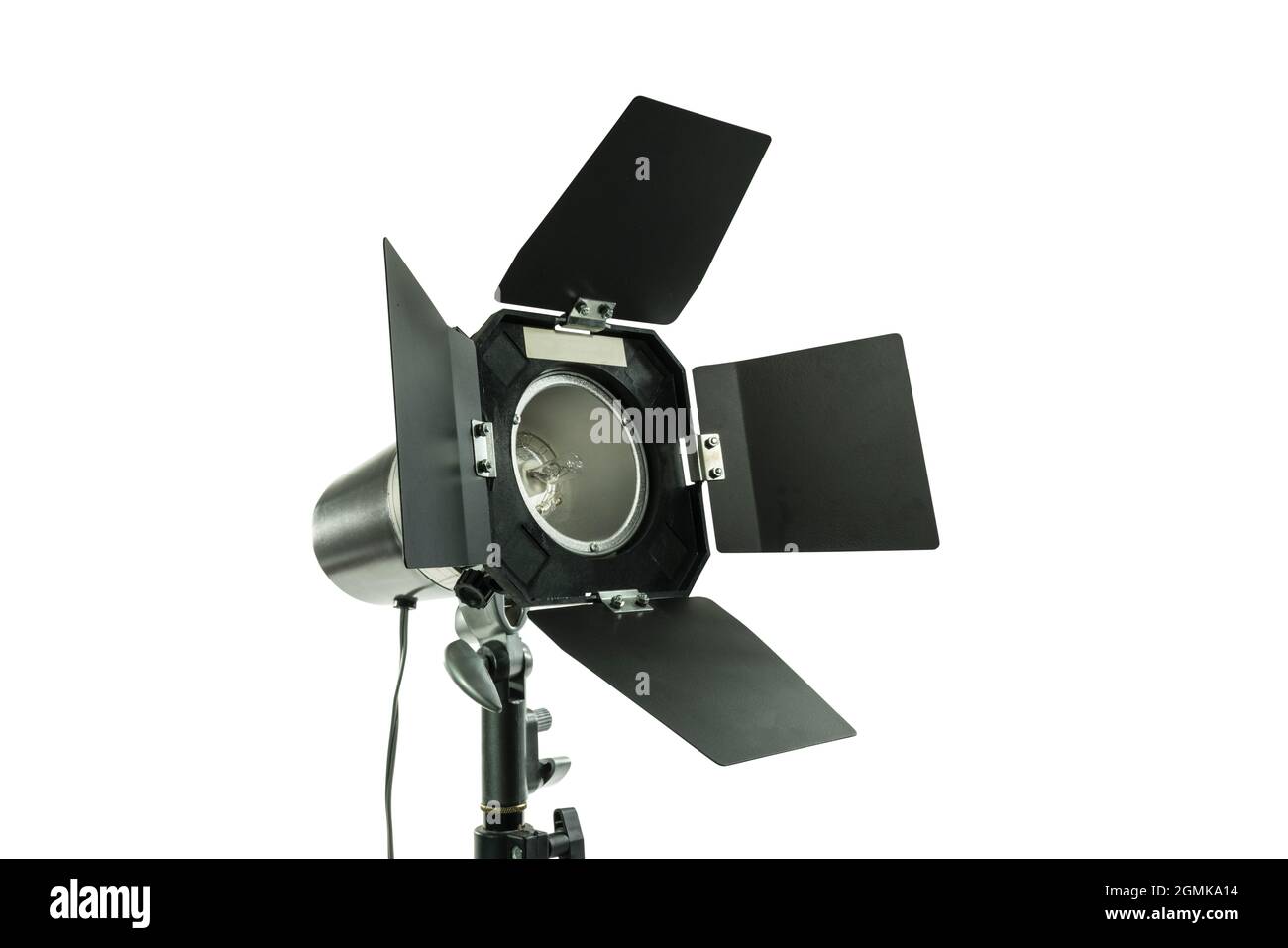 Studio luce stroboscopica con porte fienile isolato su bianco. Foto Stock