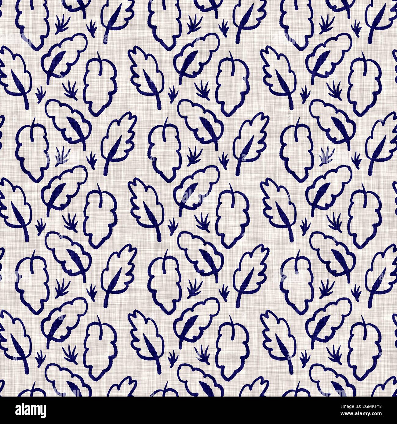 Indigo blu fogliame blocco stampa tinto lino texture sfondo. Ripetizione batik tessuto giapponese senza cuciture. Sfocatura floreale organica stressata Foto Stock