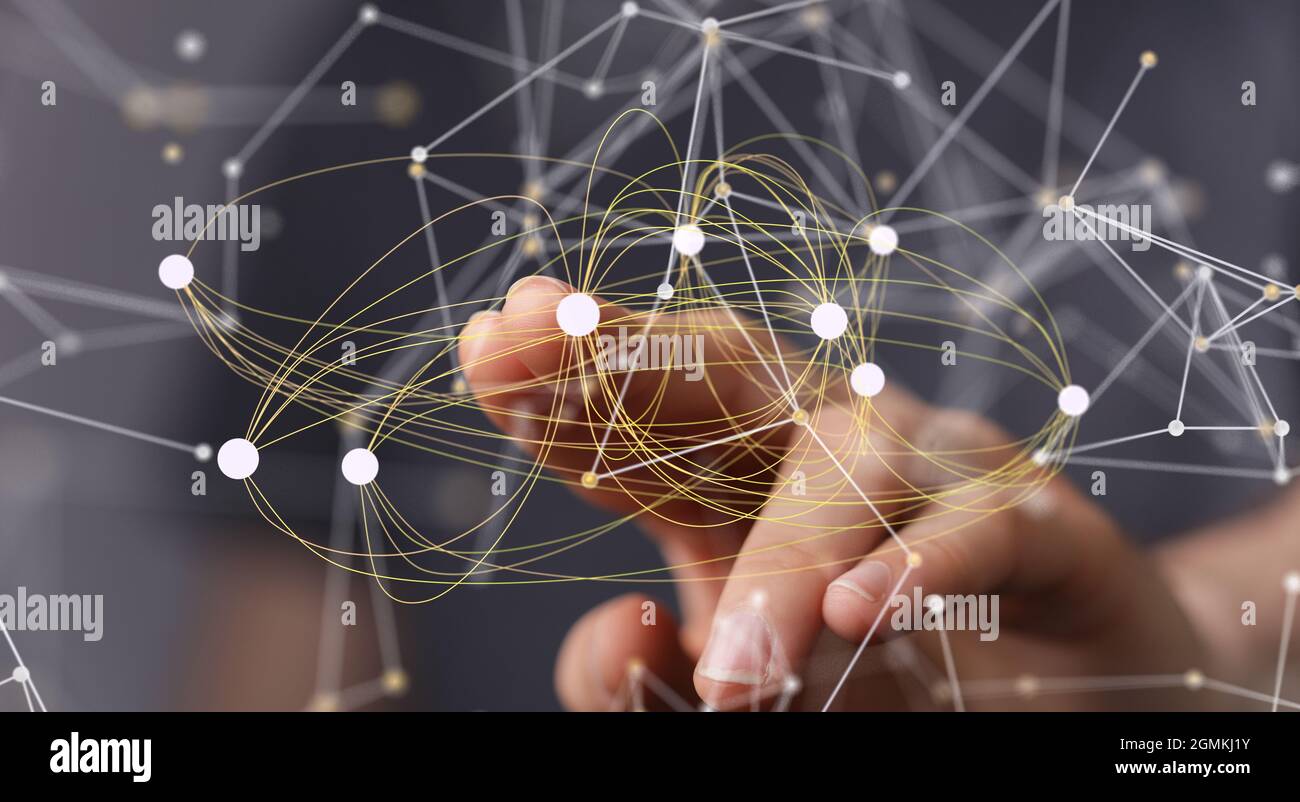 Toccare una rete astratta con linee e punti; organizzazione, rete e concetto di team Foto Stock