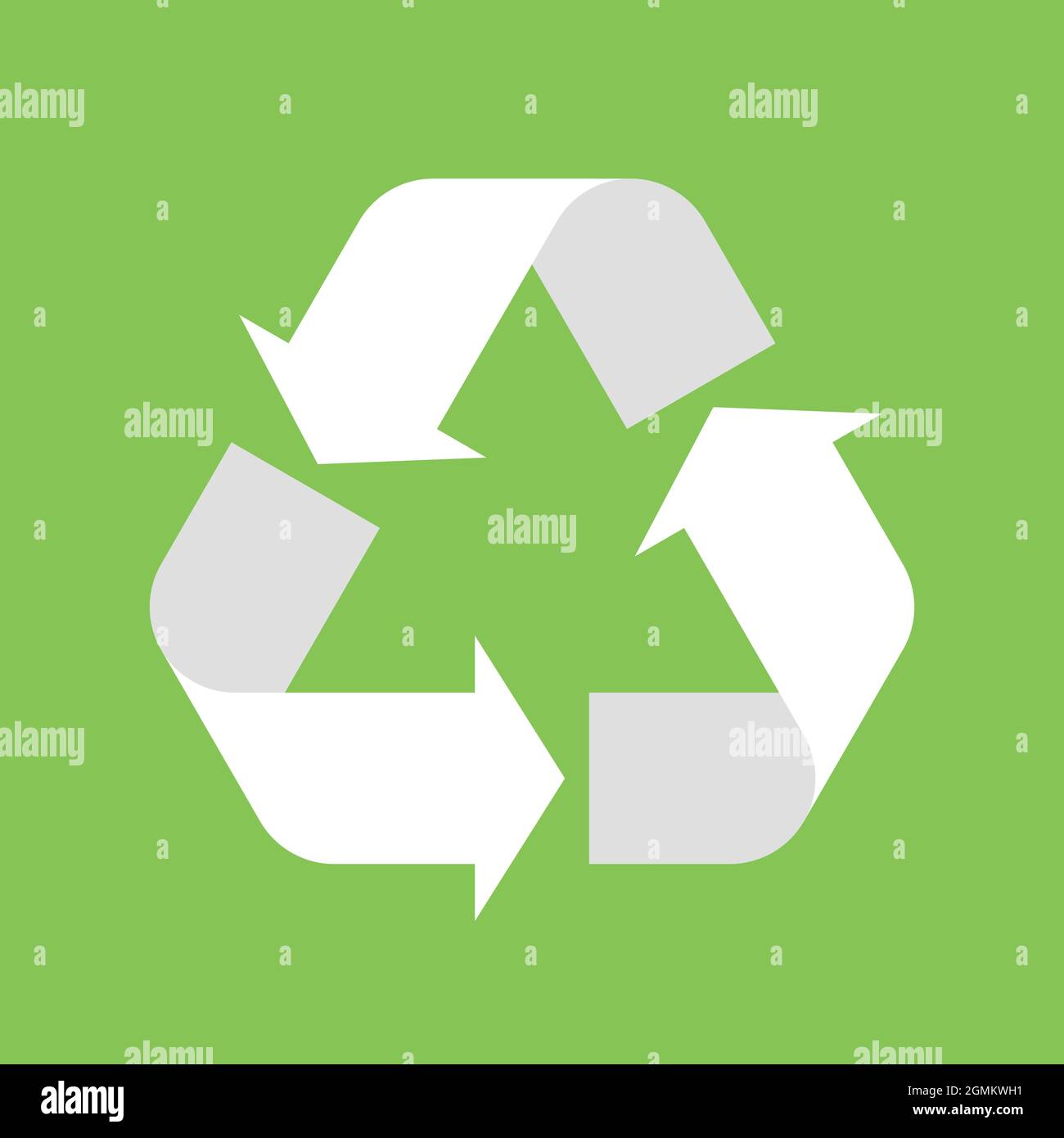 Simbolo di riciclaggio universale. Versione inversa. Tema dei rifiuti bassi o nulli, dell'energia chiara, della conservazione delle risorse naturali, della protezione degli ecosistemi naturali o della sostenibilità ecologica del pianeta. Simbolo vettoriale piatto bianco-grigio su sfondo verde. Illustrazione Vettoriale