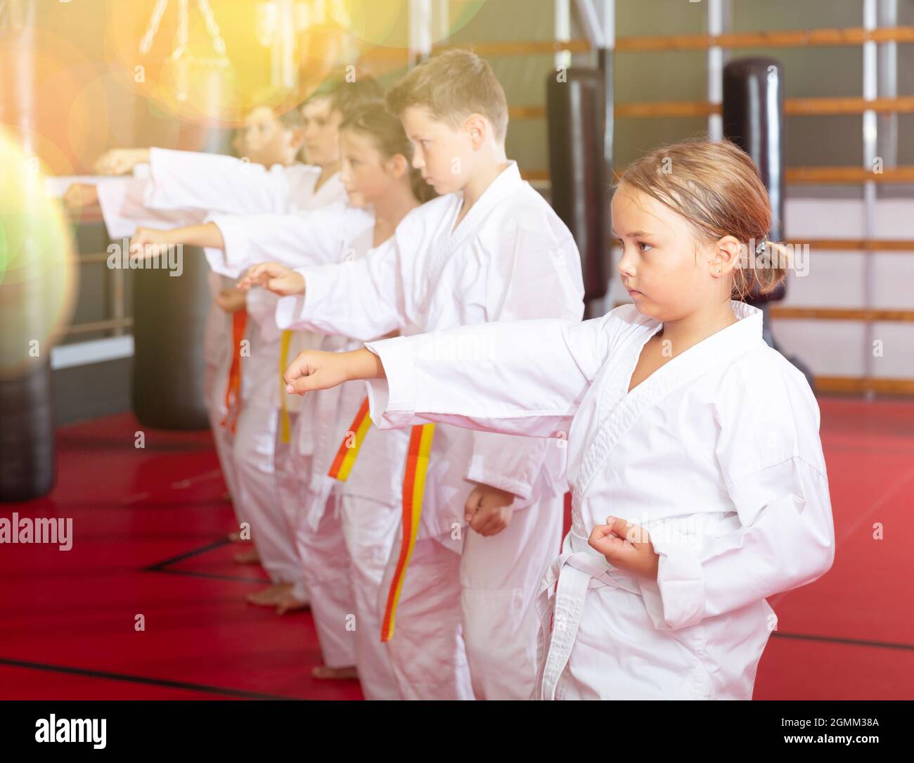 I bambini si posano insieme, praticando il karate si muove Foto Stock