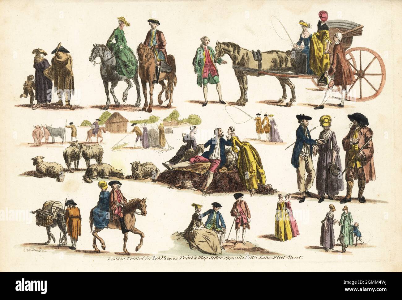 Gruppi di figure del XVIII secolo in passatempi rurali. Uomini e donne che flirtano durante un raccolto, cavalcano cavalli, guidano una carrozza, ecc. incisione su copperplate a mano dopo Anthony Walker di The Artist’s Vade Mecum di Robert Mayer, essendo l’intera Arte del disegno, Londra, 1766. Foto Stock