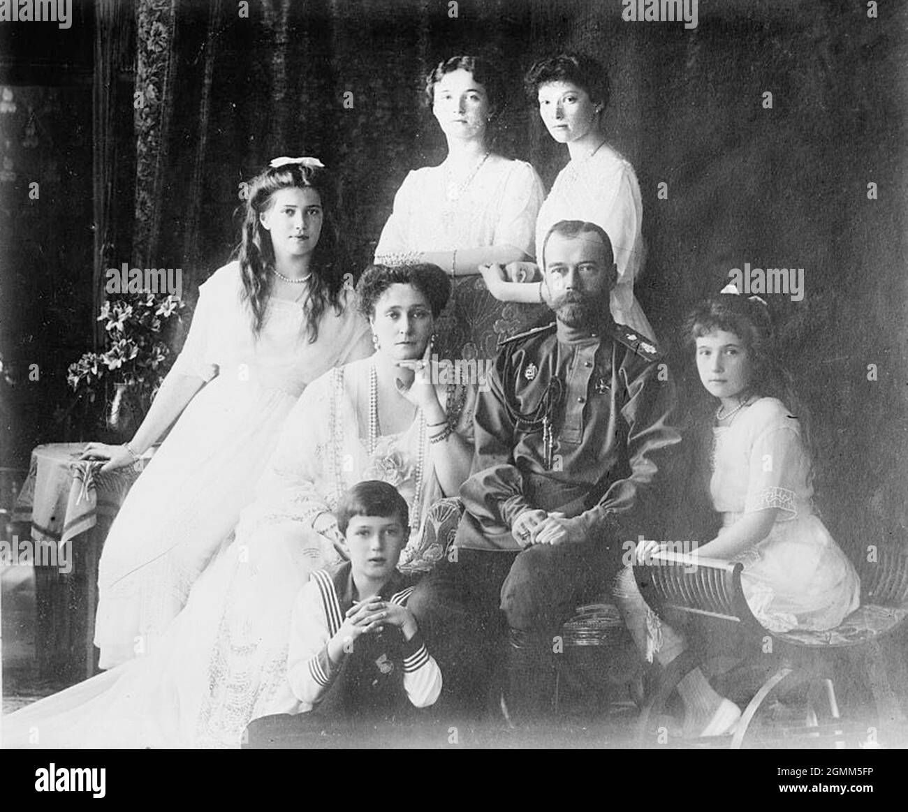I Romanov- l'ultimo Tsar di Russia Nicholos II, sua moglie Alexandra e i suoi figli Olga, Maria, Tatiana, Anastasia e Alexei. Foto Stock