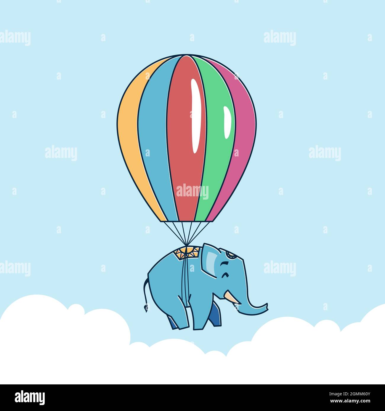 Big Elephant Flying Floating Hot Air Balloon Zoo personaggio Cartoon Illustrazione Vettoriale