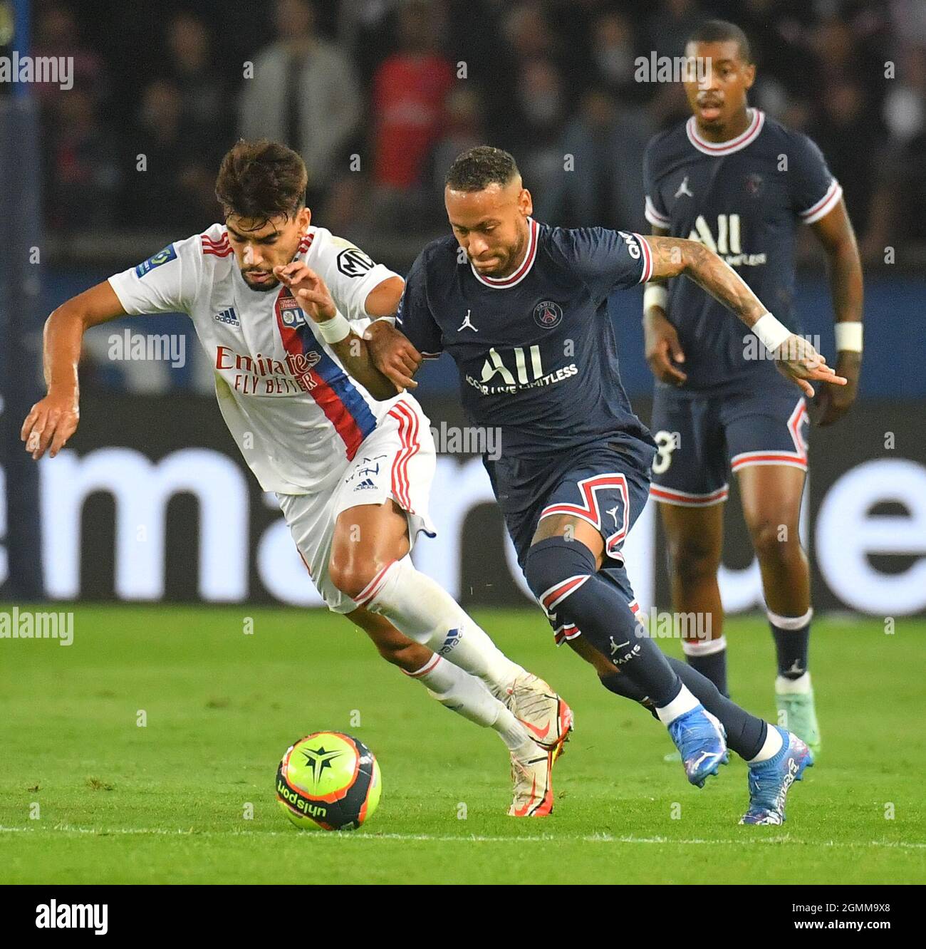 Neymar di PSG durante la Ligue 1 Paris Saint Germain (PSG) contro la partita di calcio Olympique Lyonnais (OL) allo stadio Parc des Princes il 19 settembre 2021 a Parigi, Francia. Foto di Christian Liewig/ABACAPRESS.COM Foto Stock