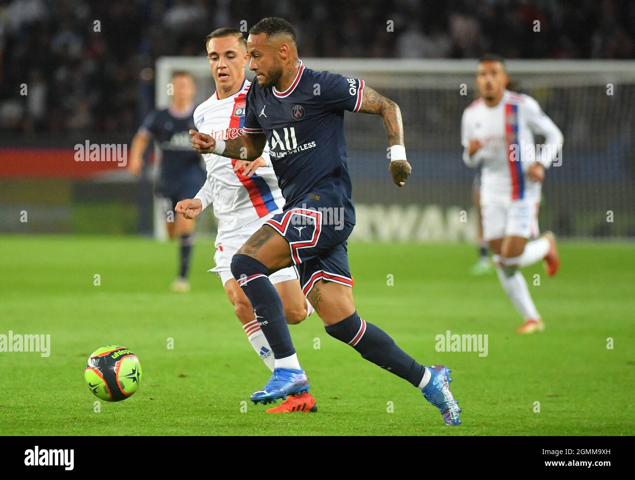 Neymar di PSG durante la Ligue 1 Paris Saint Germain (PSG) contro la partita di calcio Olympique Lyonnais (OL) allo stadio Parc des Princes il 19 settembre 2021 a Parigi, Francia. Foto di Christian Liewig/ABACAPRESS.COM Foto Stock