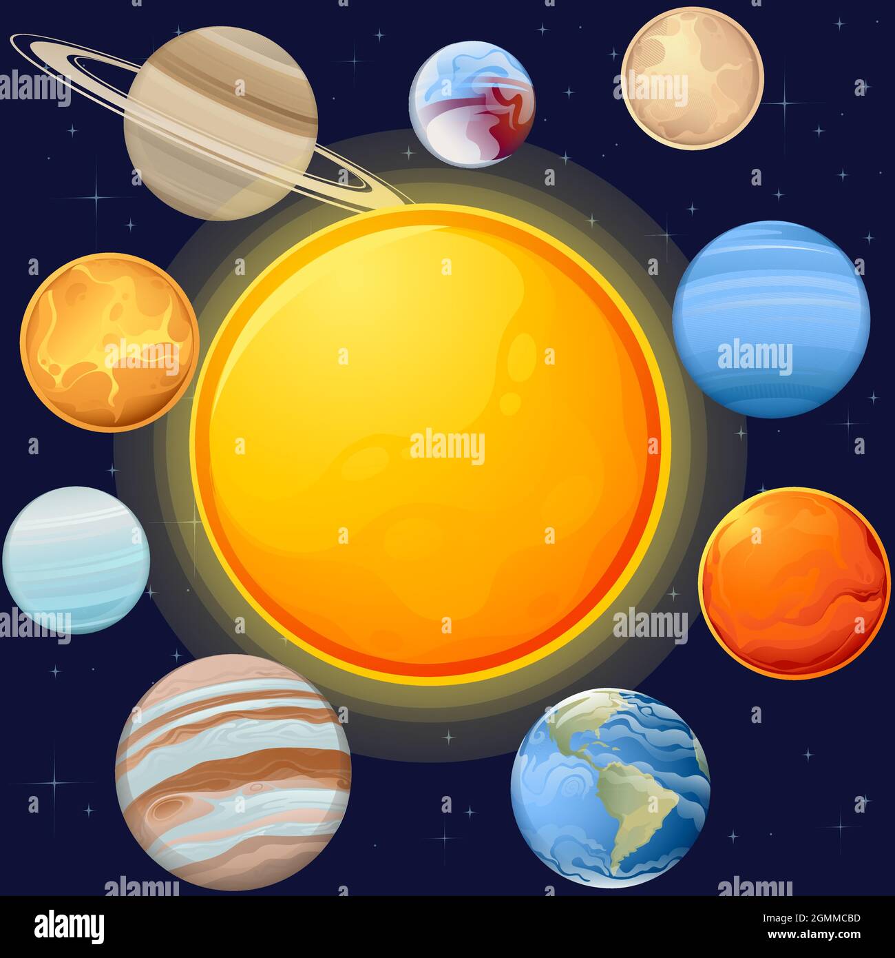 Sistema solare con sole e pianeti spazio oggetti illustrazione vettoriale su cielo scuro e profondo con sfondo a stelle Illustrazione Vettoriale