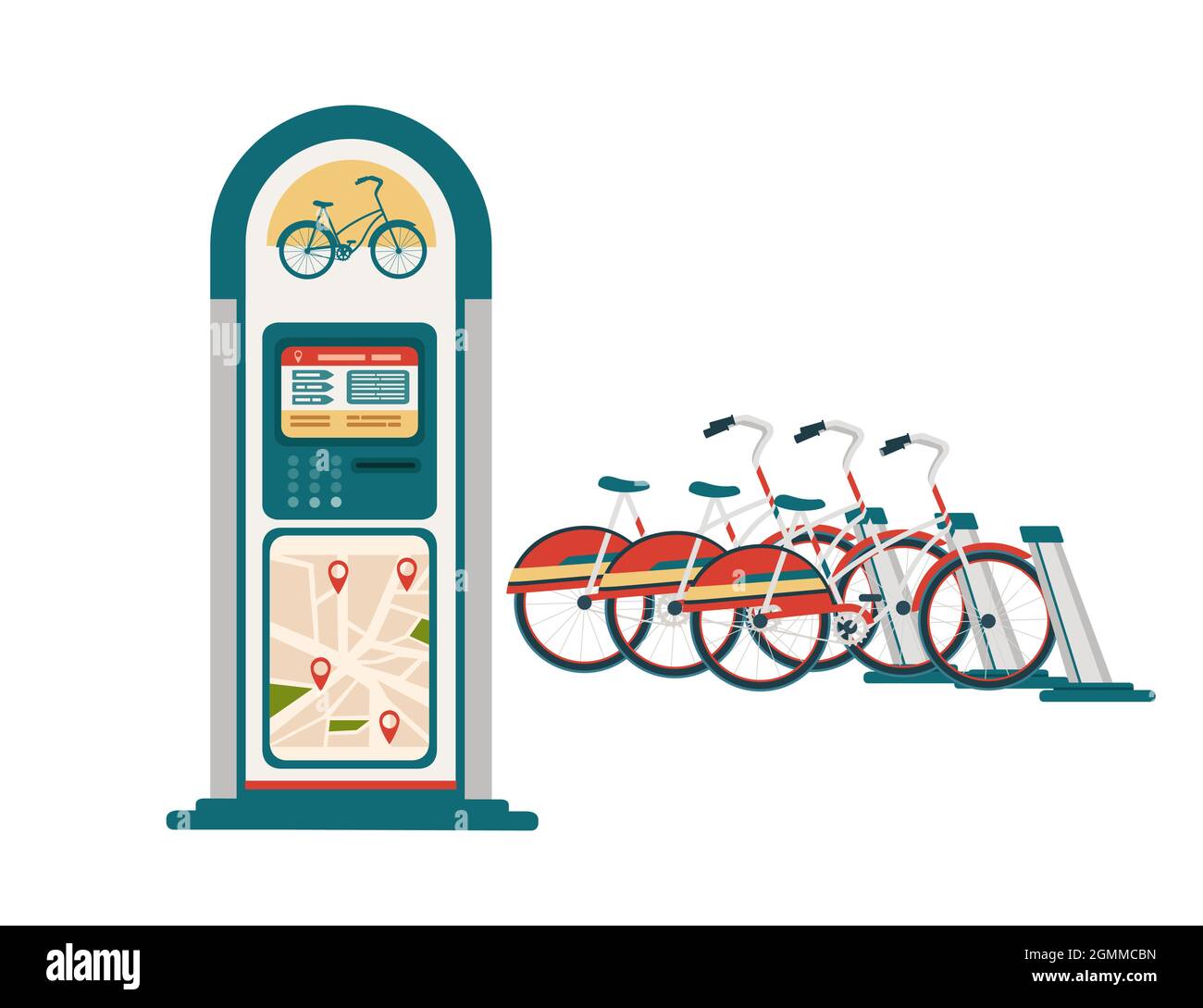 Stazione di noleggio biciclette con moderna illustrazione vettoriale della bicicletta elettrica cittadina su sfondo bianco Illustrazione Vettoriale