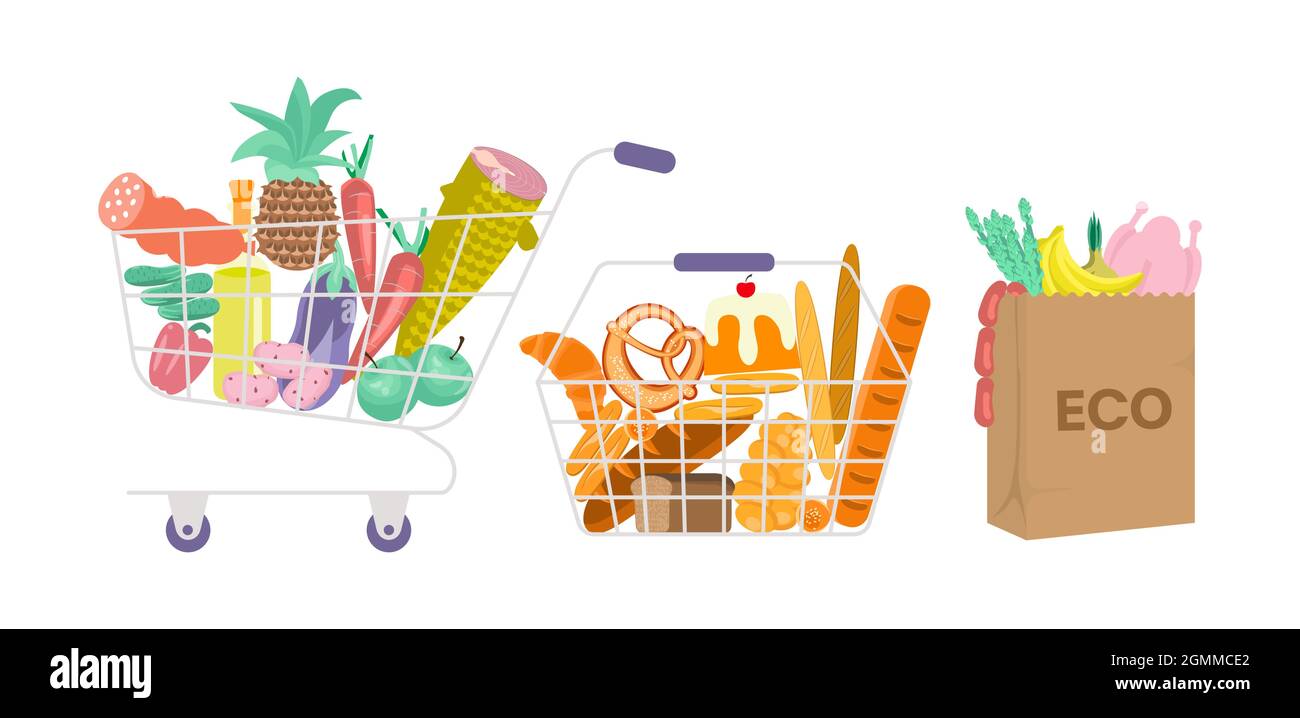 Set di Shopping pieno di cestini alimentari e ECO bag vista frontale isolato su bianco. Illustrazione del vettore Flat Art Illustrazione Vettoriale