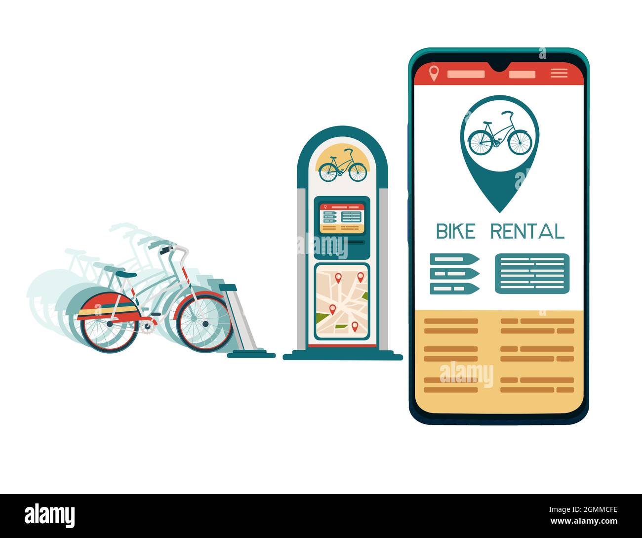 Stazione di noleggio biciclette con moderna app per smartphone per biciclette elettriche in città per il noleggio di illustrazioni vettoriali su sfondo bianco Illustrazione Vettoriale