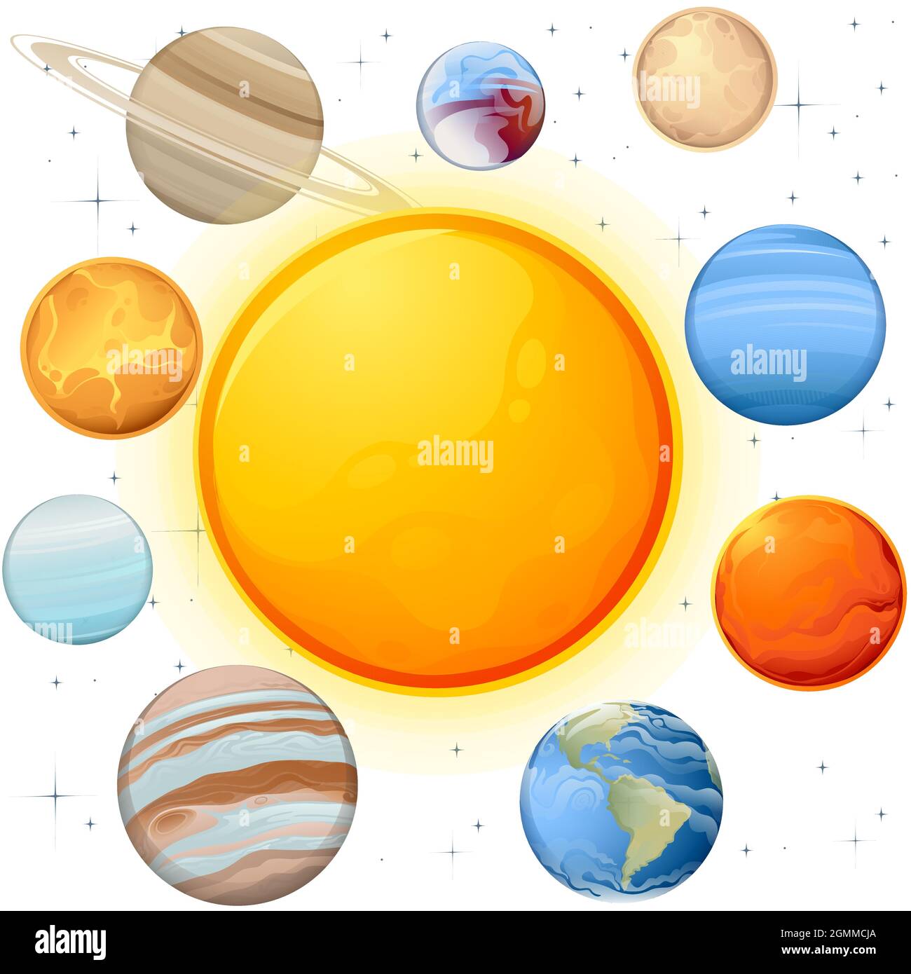 Sistema solare con sole e pianeti spazio oggetti illustrazione vettoriale su bianco con sfondo stelle Illustrazione Vettoriale