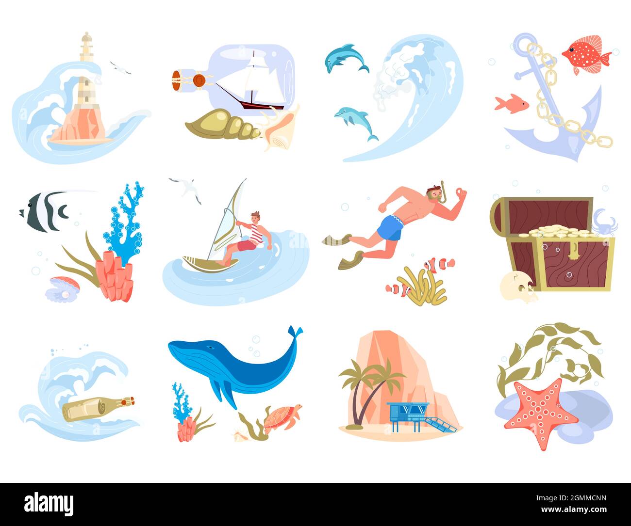Set di elementi di vita subacquei, animali tropicali, coralli e pesci e subacquei. Fauna sottomarina di tropici, abitanti di seaworld, abitanti della barriera corallina Illustrazione Vettoriale