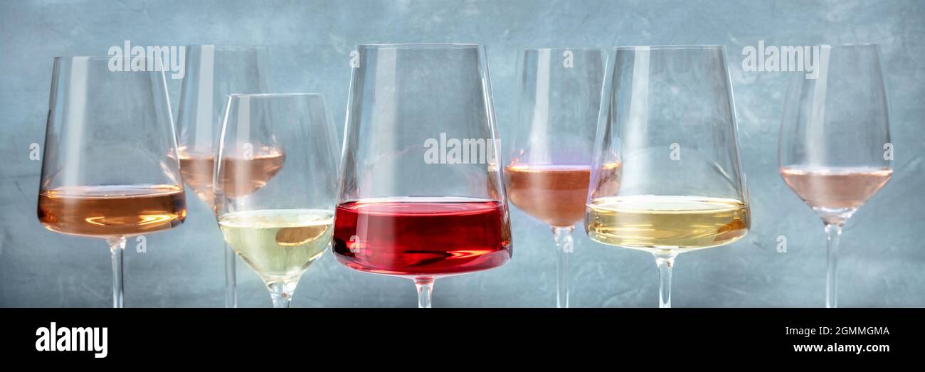 Panorama dei vini rosati e bianchi. Vari bicchieri di vino in una degustazione presso una cantina. Evento di degustazione vini Foto Stock