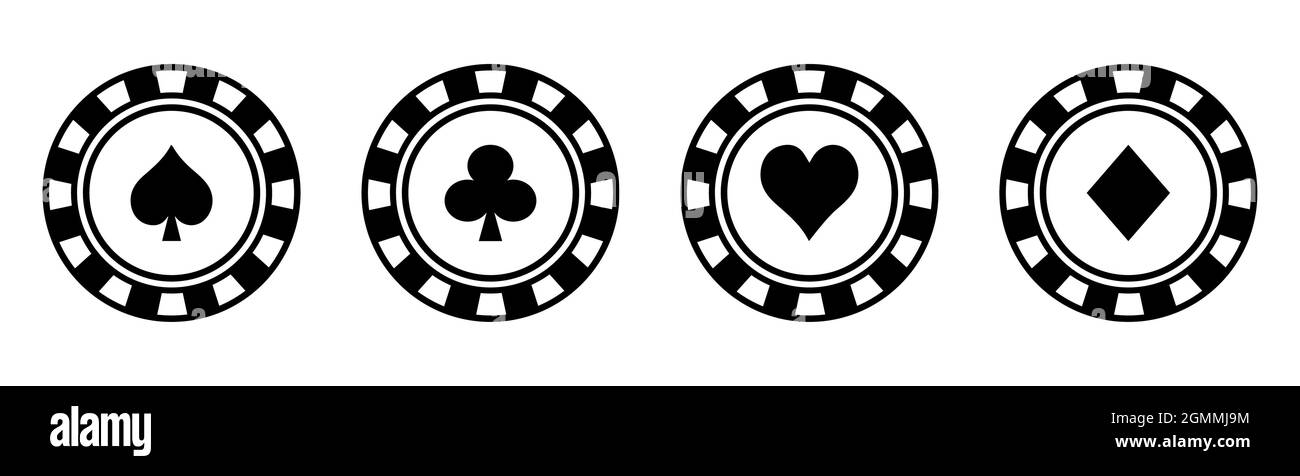 Set di fiches di poker icone nere. Simboli del poker con picche, cuori, diamanti, club. Illustrazione vettoriale isolata su backgroud bianco Illustrazione Vettoriale