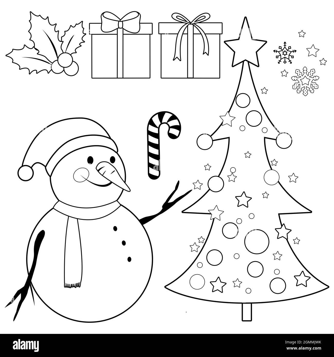 Collezione di Natale con pupazzo di neve, albero di Natale e regali. Pagina da colorare in bianco e nero. Foto Stock