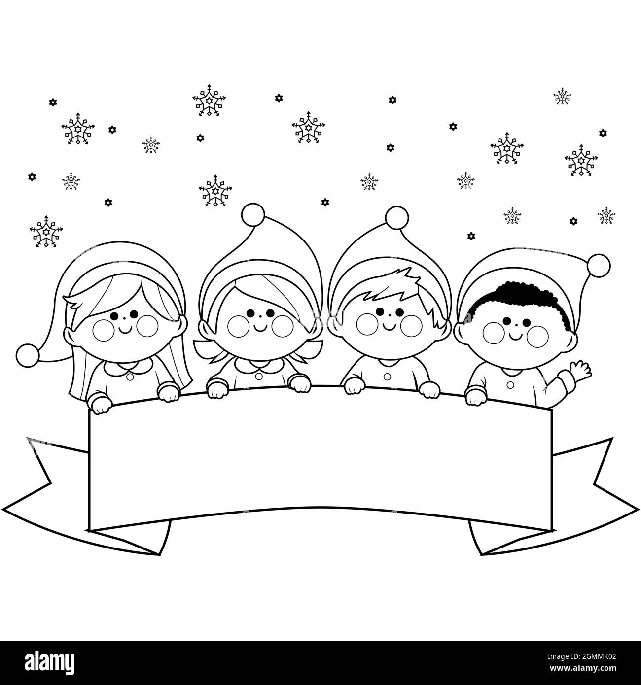 Bambini in costumi di Natale e banner bianco. Pagina da colorare in bianco e nero. Foto Stock