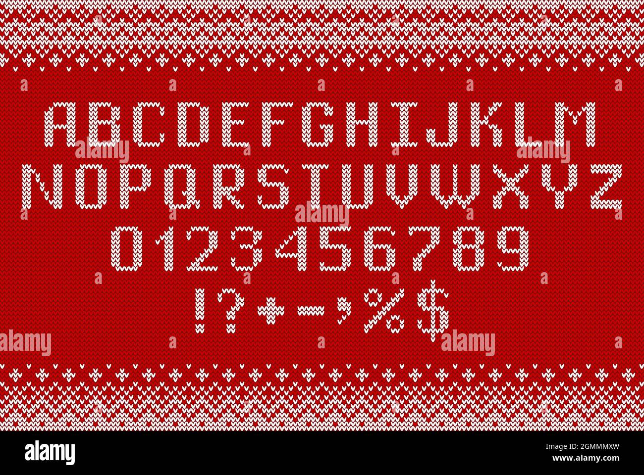 Carattere maglione. Lettere, numeri e simboli a maglia per Natale, Capodanno o stagione invernale. Alfabeto e ornamenti su sfondo a maglia rossa. Carattere tipografico Illustrazione Vettoriale