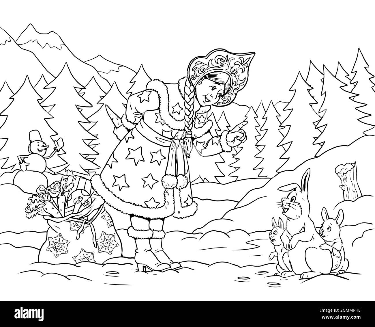 Nipote del russo Babbo Natale - Snegurochka. Libro da colorare illustrazione per natale. Regali di Natale. Buono felice anno nuovo. Foto Stock