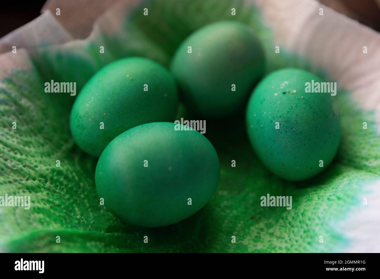 Primo piano uova di Pasqua tinte verdi asciugando su carta assorbente Foto Stock