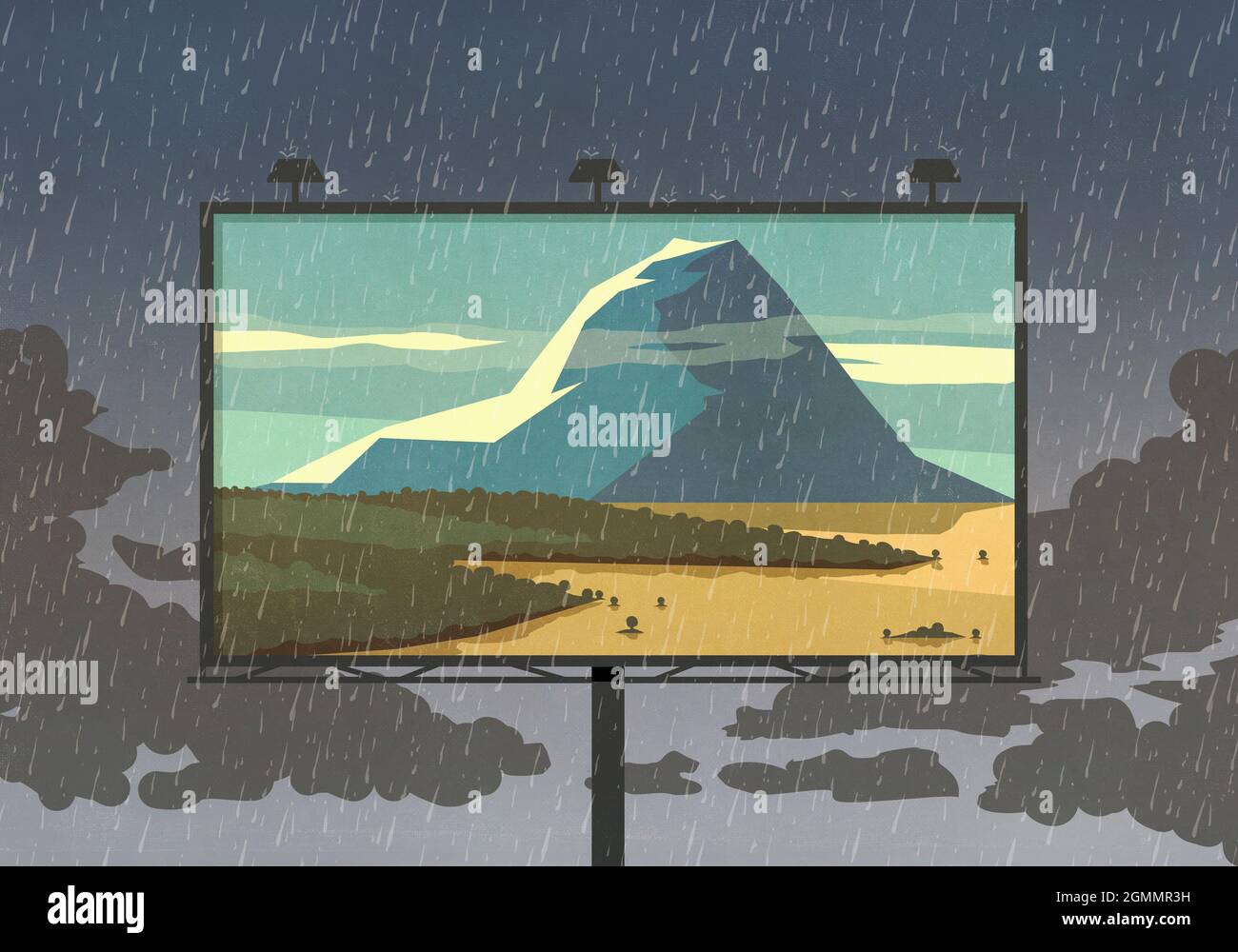 Vista sulle montagne sul tabellone contro il cielo piovoso Foto Stock