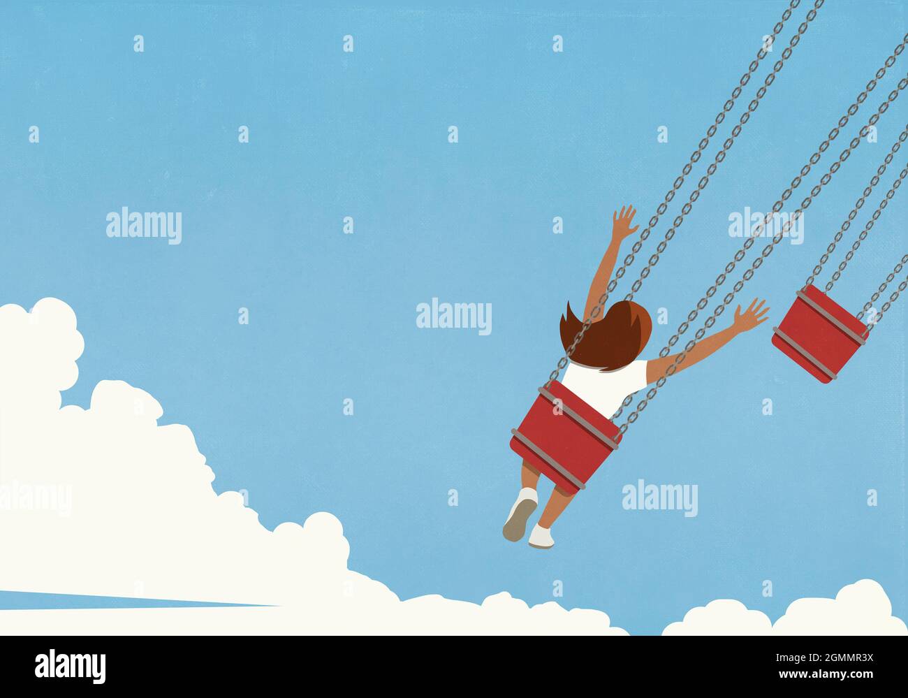 Spensierate girl cavalcare catena swing contro il cielo blu Foto Stock