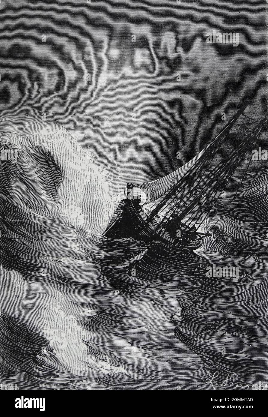 Il ' Tankadere ' è stato buttato circa come un Feather. Dal libro ' intorno al mondo in ottanta giorni ' di Jules Verne (1828-1905) tradotto da Geo. M. Towle, pubblicato a Boston da James. R. Osgood & Co. 1873 prima edizione USA Foto Stock