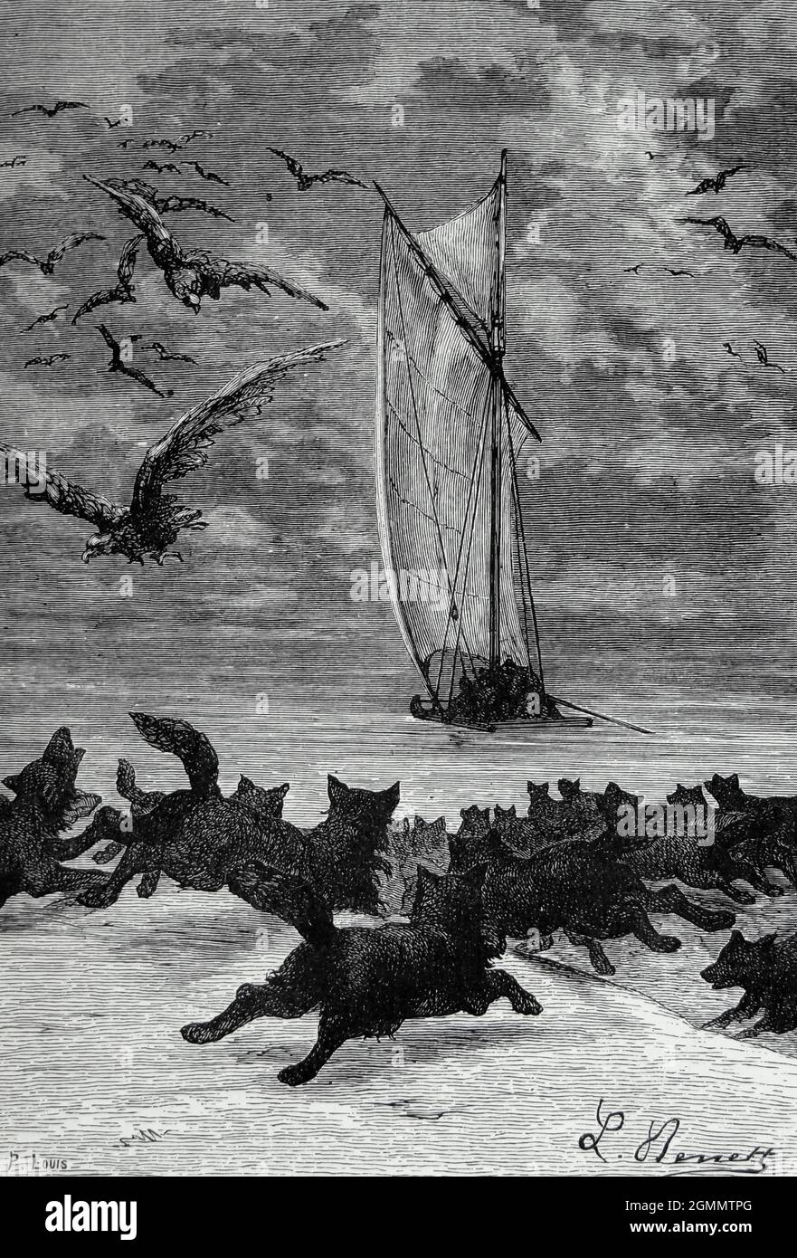 E a volte un Pack di Wolves Prairie. Dal libro ' intorno al mondo in ottanta giorni ' di Jules Verne (1828-1905) tradotto da Geo. M. Towle, pubblicato a Boston da James. R. Osgood & Co. 1873 prima edizione USA Foto Stock