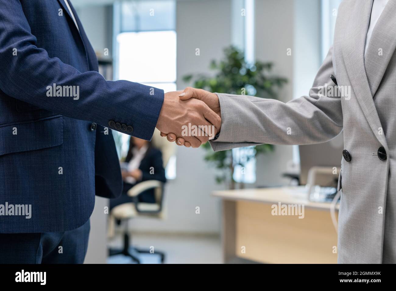 Stretta di mano di due giovani ed eleganti partner commerciali in ambiente d'ufficio Foto Stock