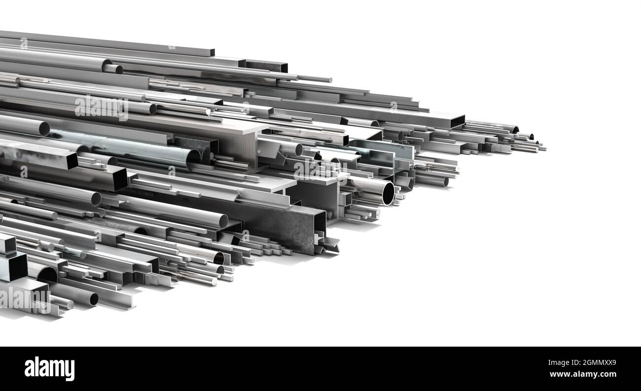 profili metallici di varie forme e dimensioni su sfondo bianco. rendering 3d Foto Stock