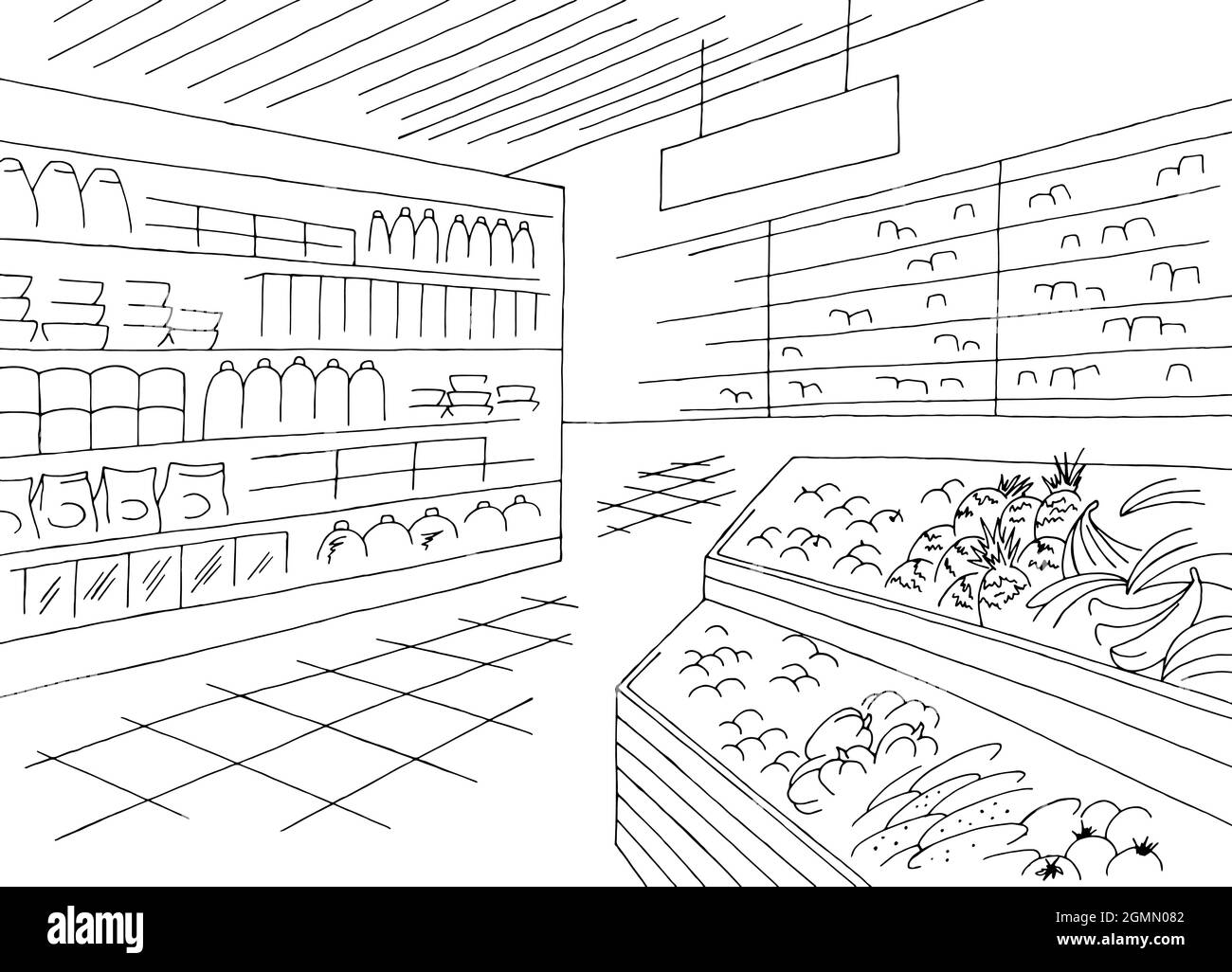 Negozio di alimentari interno negozio nero bianco grafico disegno vettore illustrazione Illustrazione Vettoriale