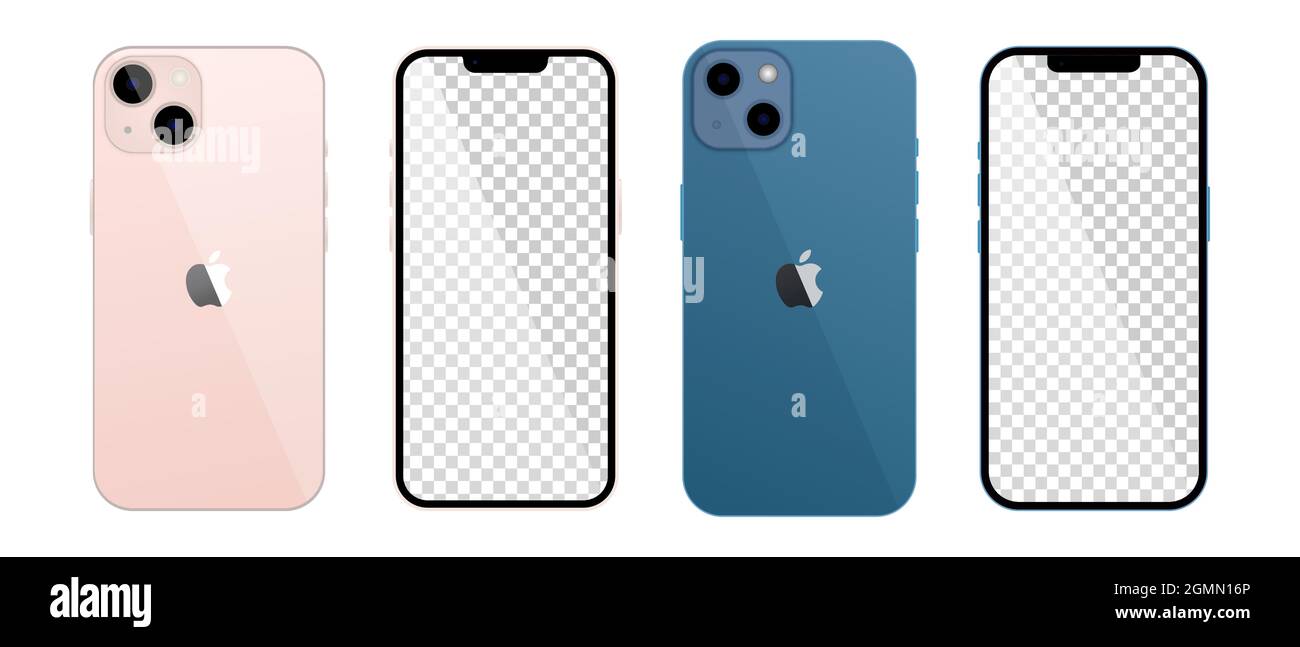 Vinnytsia, Ucraina - 15 settembre 2021. Nuovo iphone13 in due colori blu Pacifico e rosa di Apple Inc. Mock-up schermo iphone e retro lato iph Illustrazione Vettoriale