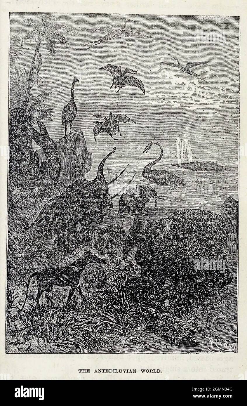 Il mondo antediluviano dal libro ' A journey to the center of the Earth ' di Jules Verne (1828-1905) pubblicato a New York da Scribner, Armstrong & co 1874 Foto Stock