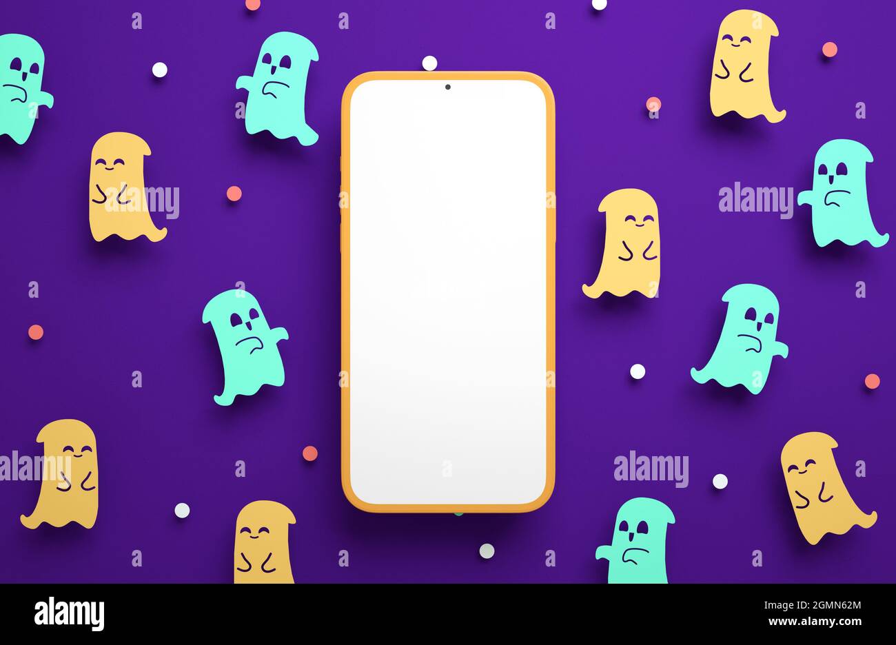 Halloween telefono mockup schermo vuoto su una carta carina fantasmi sfondo in 3D rendering. Felice Halloween cellulare modello banner Foto Stock