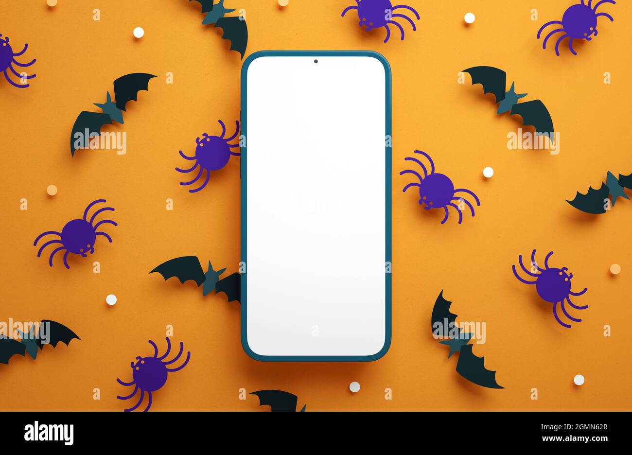 Flat Lay Halloween cellulare mockup schermo vuoto su uno sfondo di carta pipistrelli e ragni in 3D rendering. Felice Halloween cellulare modello banner Foto Stock