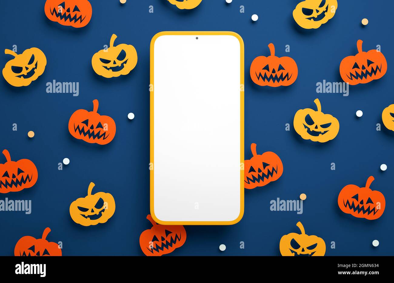 Happy Halloween telefono mockup schermo vuoto su uno sfondo di carta zucche in 3D rendering. Modello di app per telefono cellulare Happy Halloween Foto Stock