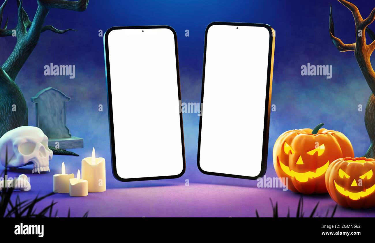 Happy Halloween due cellulare mockup schermo vuoto in una scena notte spooky con nebbia e zucche. Modello di app per telefono cellulare per eventi di Halloween Foto Stock