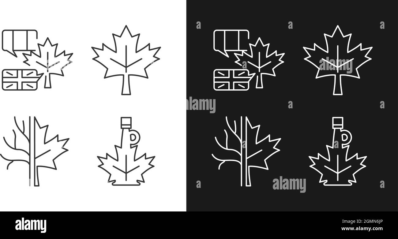 Significato foglia di acero icone lineari impostate per modalità scure e chiare impostate Illustrazione Vettoriale