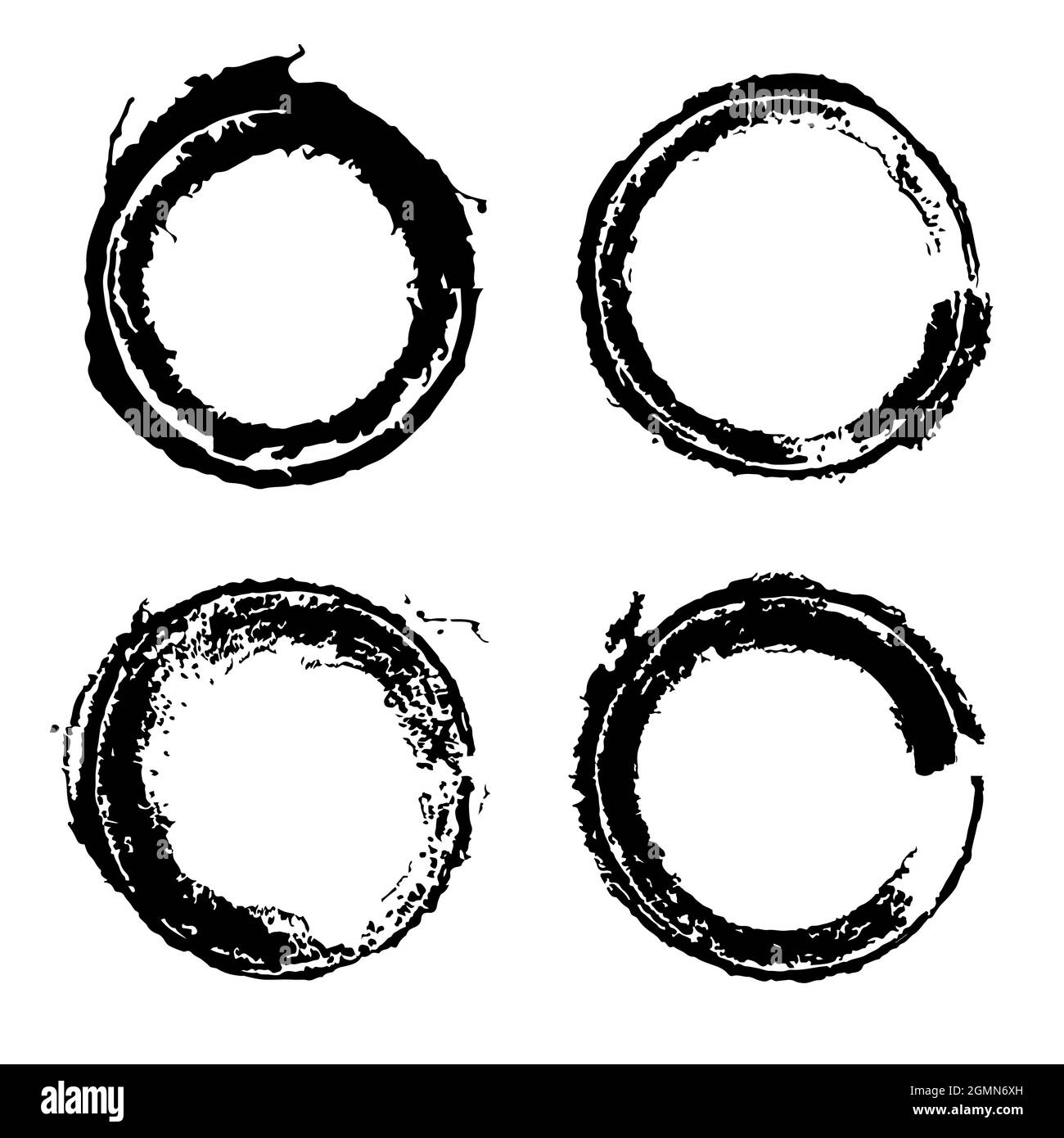 Set di grunge graffio cerchi. Frame vettoriali. Isolare le texture di distress nere. Elementi di design sporchi per bordi, emblemi, badge, etichette Illustrazione Vettoriale
