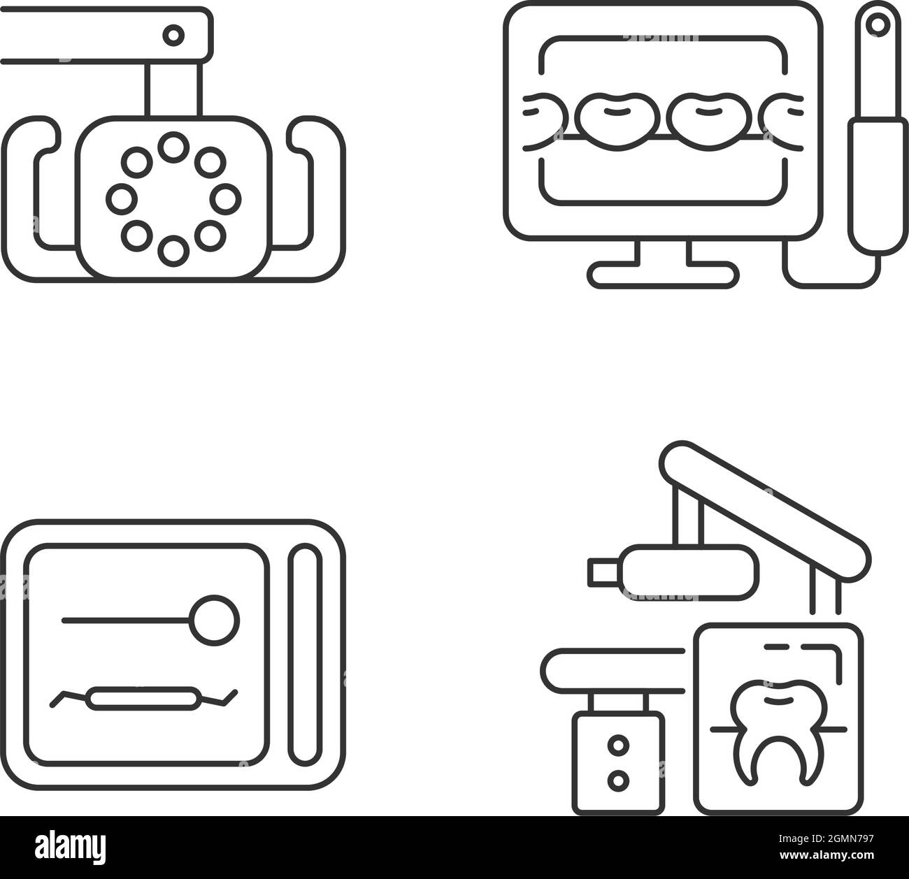 Set di icone lineari per dispositivi dentali Illustrazione Vettoriale